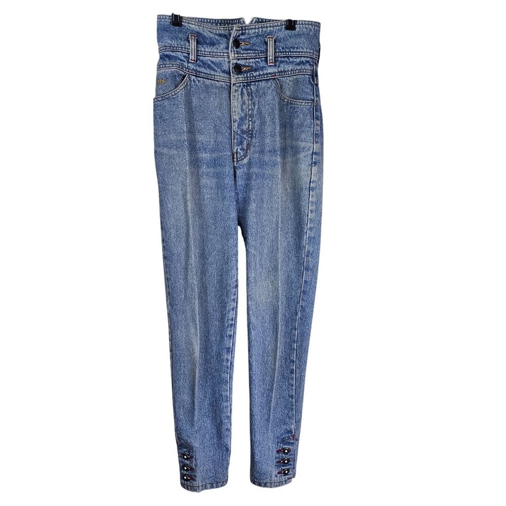 Vintage 80s Action Western High-Waisted Jeans‎ 24 Button Hem Cowgirl Denim